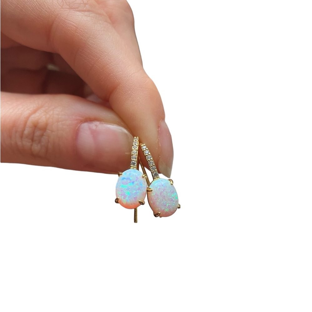 Opal earrings, silver with gold plating, lab diamonds - perfect condition